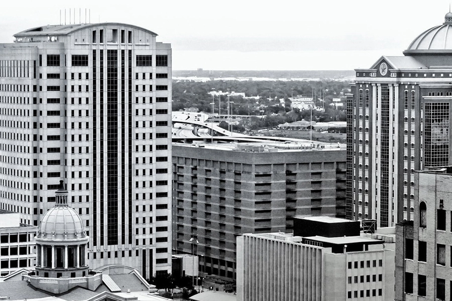 Harris County Criminal Justice Center and Civil Courthouse in downtown Houston skyline
